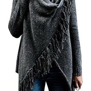 Fringed Asymmetric Knit Poncho Sweater - Charcoal Gray